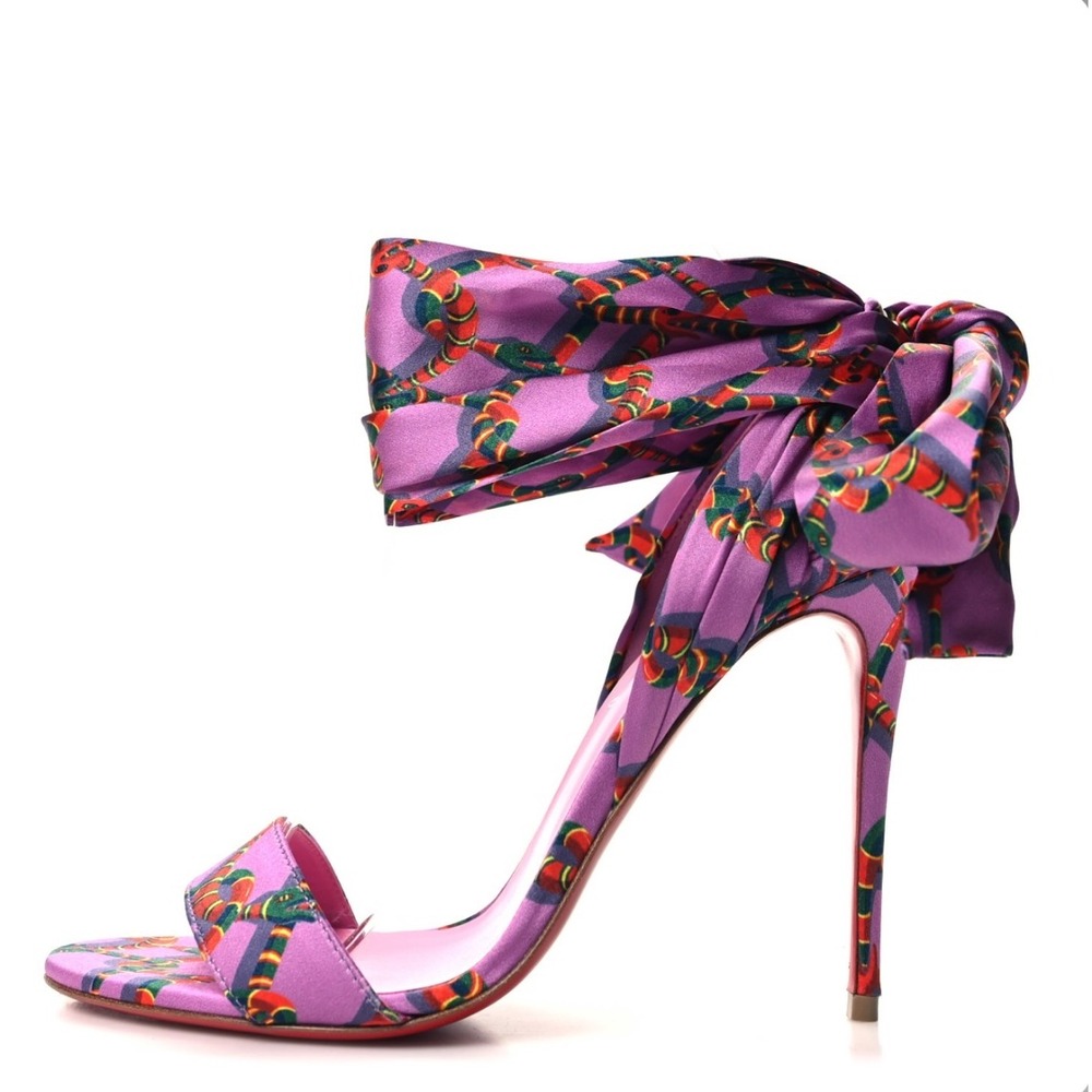 Christian Louboutin Desert Queen 100 Purple Silk Snake Print Sandal 41 Resort